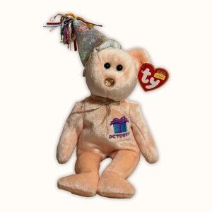 2002 TY BEANIE BABY | OCTOBER OPAL HAPPY BIRTHDAY TEDDY BEAR WITH HAT 8 inch Tag